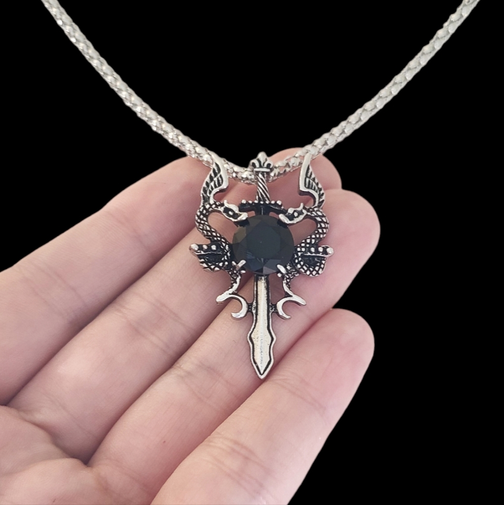 Silver and Black Dragon Sword Necklace Goth Gothic Emo Punk